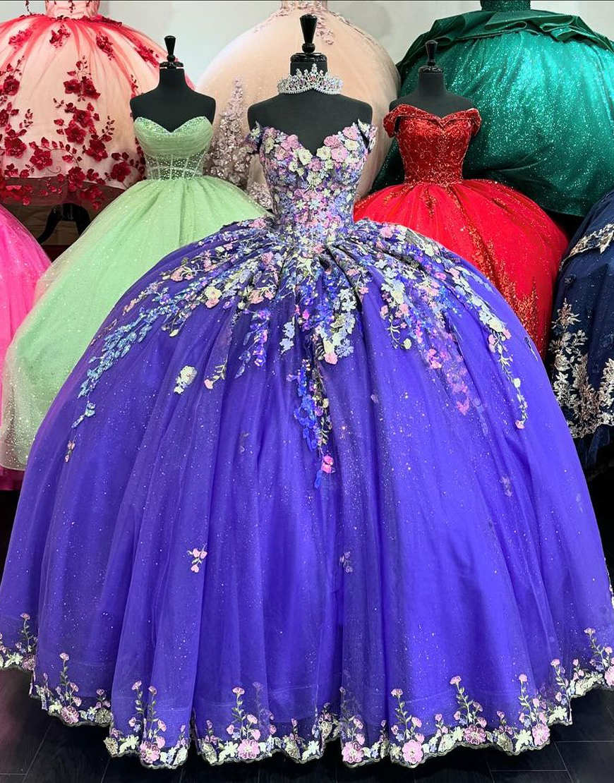 Sparkly Blue Off the Shoulder Floral Appliques Corset Tulle Quinceanera Dress