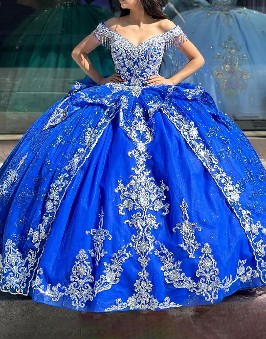 Sparkly Royal Blue Tasseled Off the Shoulder Appliques Ruffle Tulle Quinceanera Dress