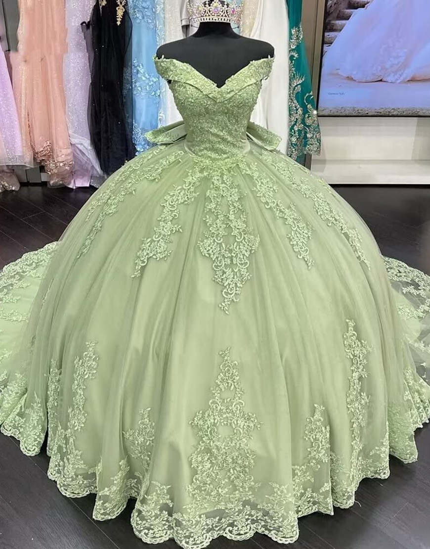 Sage Off the Shoulder Ball Gown Appliques Tulle Quinceanera Dress with Bow
