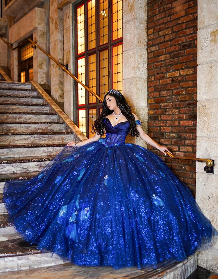 Sparkly Navy Off the Shoulder Corset Appliques Tulle Quinceanera Dress