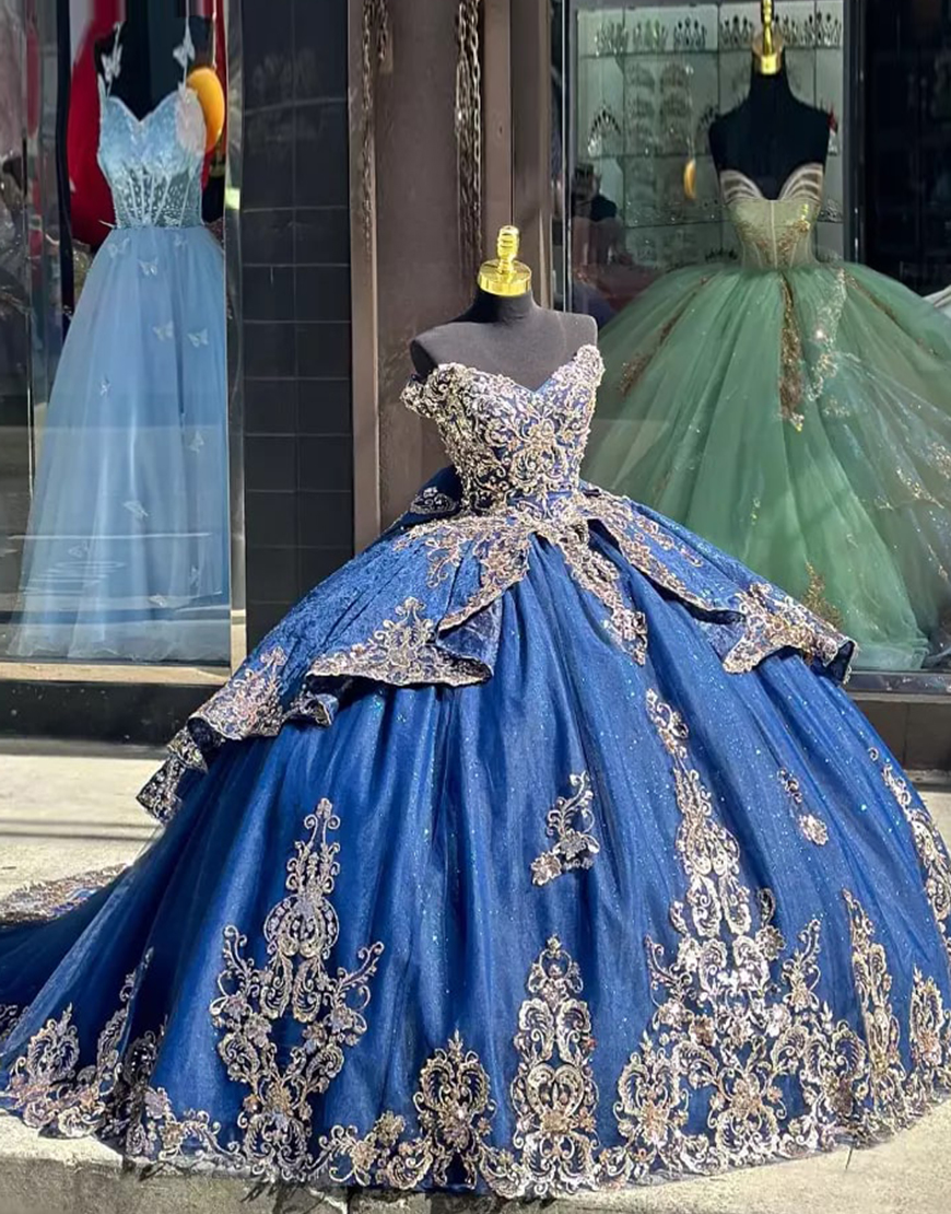 Sparkly Navy Golden Off the Shoulder Appliques Ruffles Tulle Quinceanera Dress