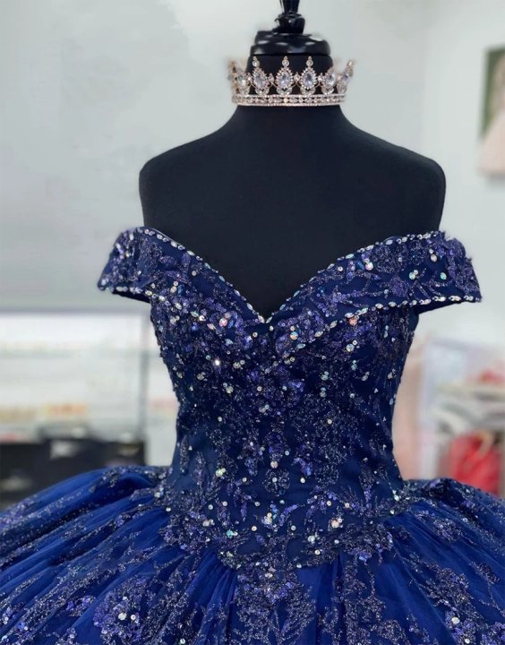Sparkly Navy Off the Shoulder Sequined Appliques Tulle Quinceanera Dress