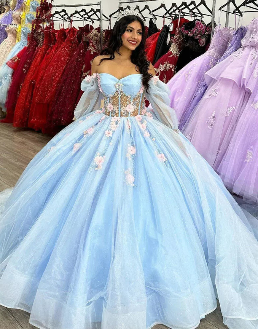 Sparkly Sky Blue Off the Shoulder Long Sleeves 3D Flowers Corset Tulle Quinceanera Dress
