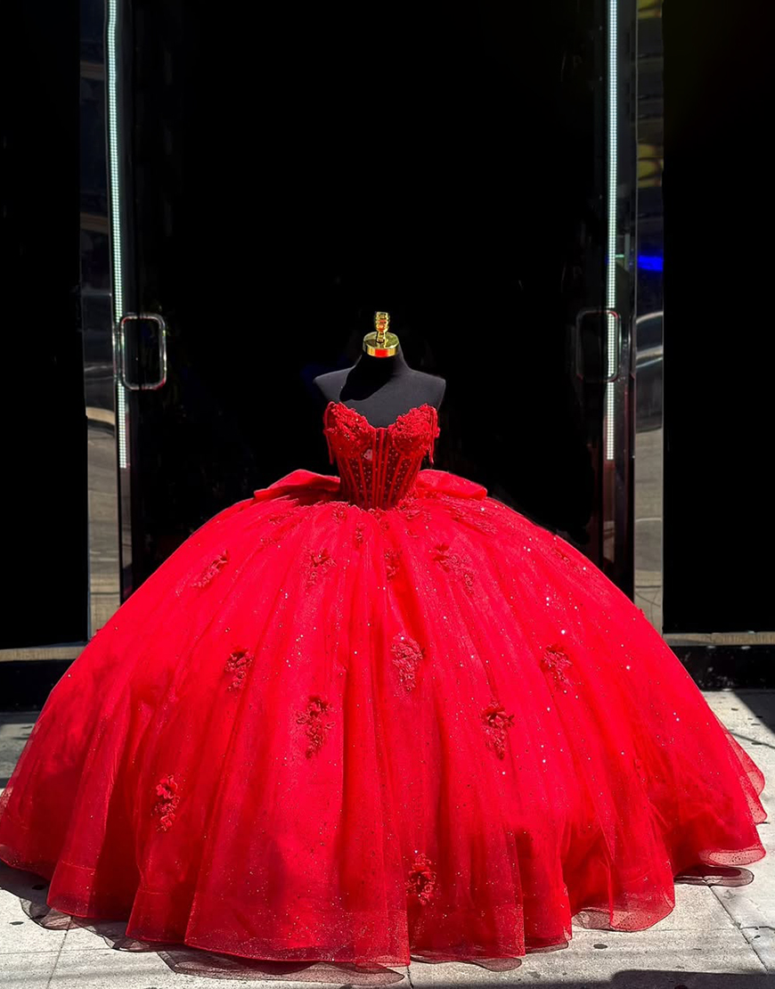 Sparkly Red Spaghetti Straps Corset Appliques Tulle Quinceanera Dress with Bow