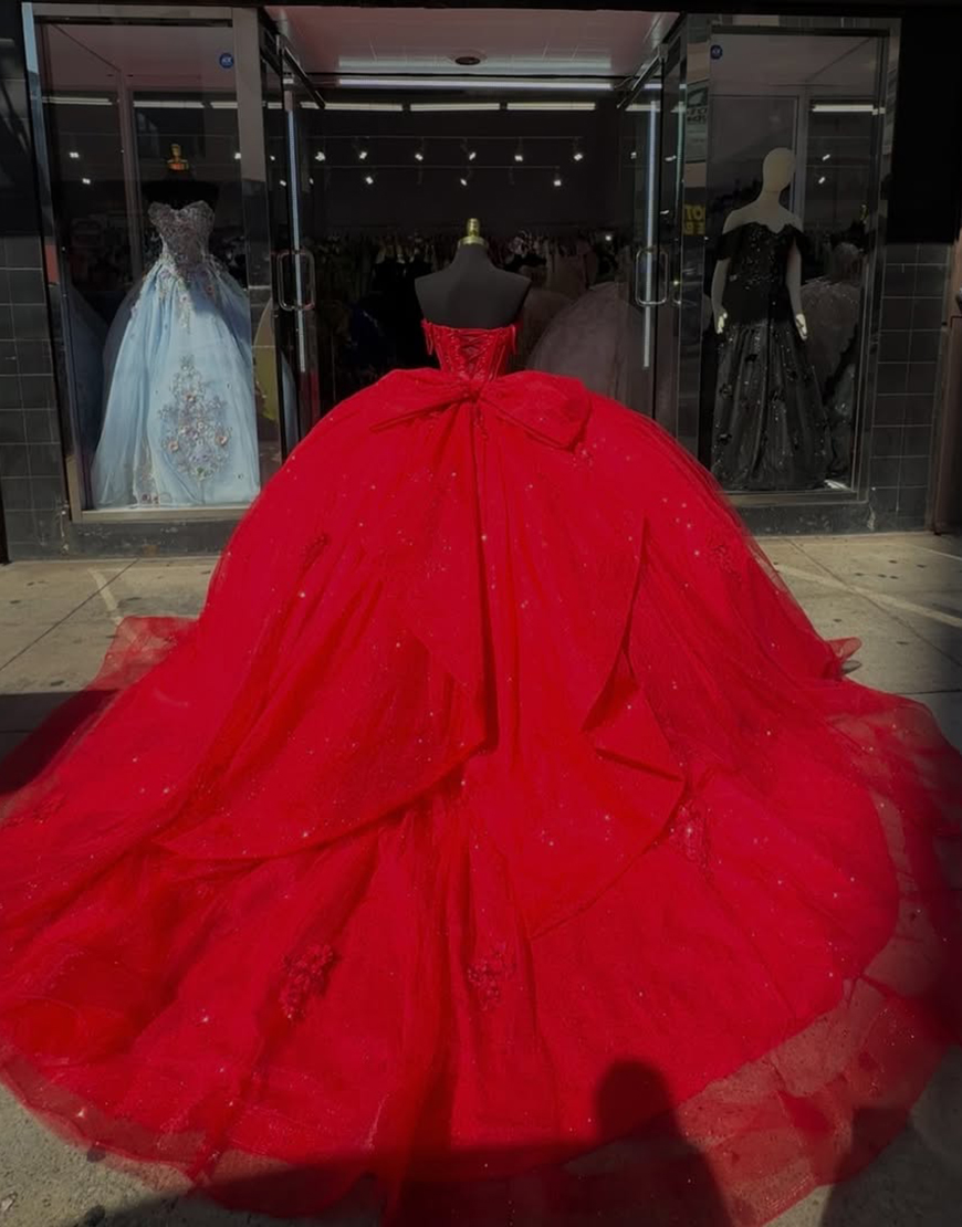 Sparkly Red Spaghetti Straps Corset Appliques Tulle Quinceanera Dress with Bow