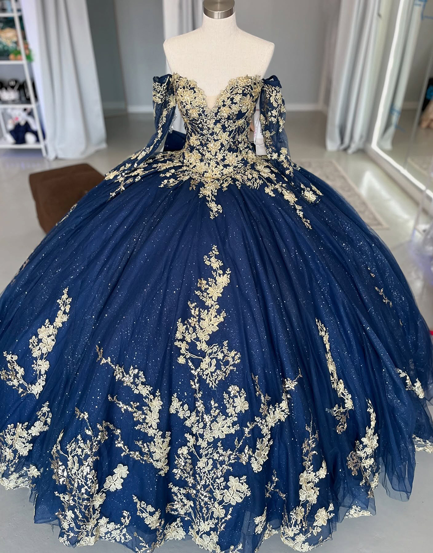 Sparkly Navy Golden Off the Shoulder Long Sleeves Appliques Tulle Quinceanera Dress with Bow