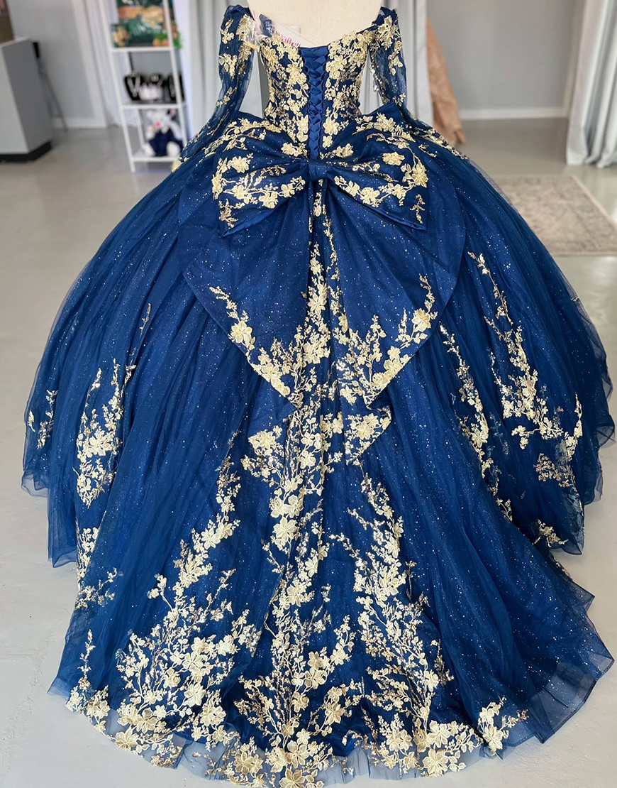 Sparkly Navy Golden Off the Shoulder Long Sleeves Appliques Tulle Quinceanera Dress with Bow