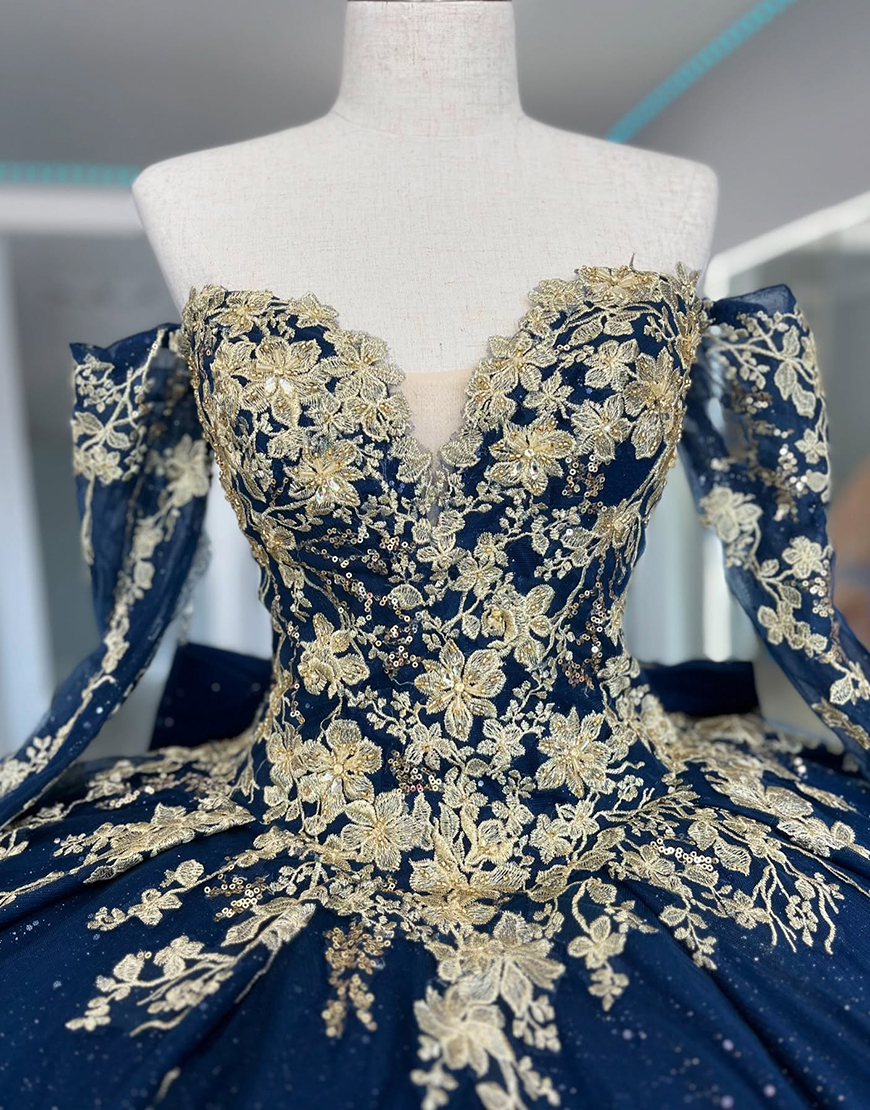 Sparkly Navy Golden Off the Shoulder Long Sleeves Appliques Tulle Quinceanera Dress with Bow