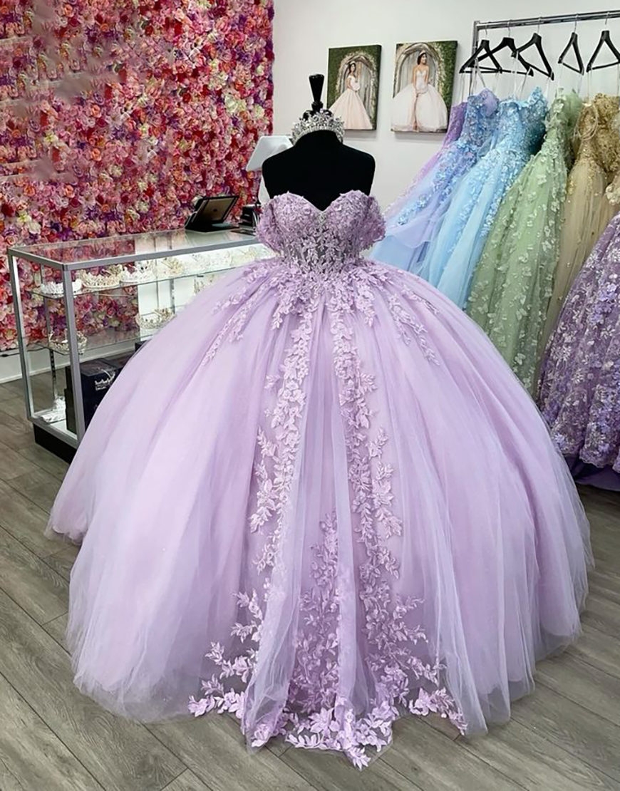Sparkly Lilac Off the Shoulder Appliques Corset Tulle Quinceanera Dress