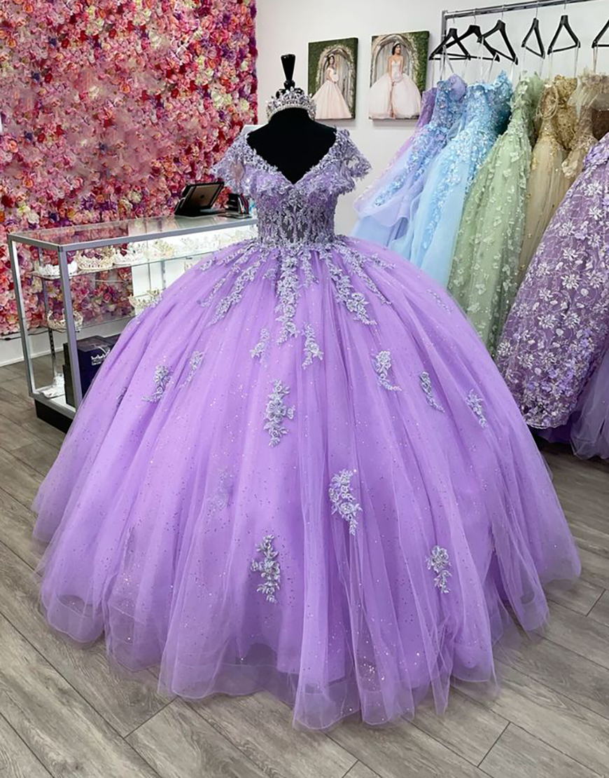 Sparkly Lilac Off the Shoulder Corset Appliques Tulle Quinceanera Dress