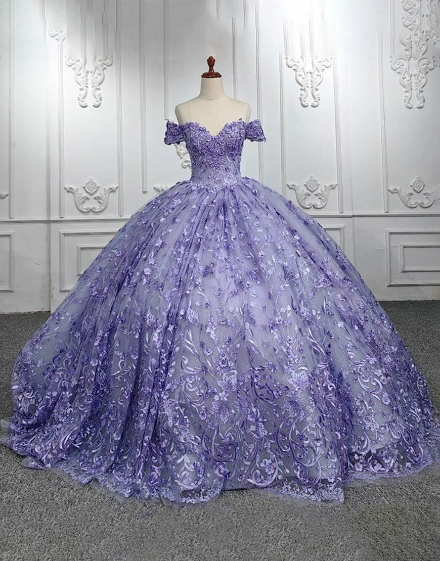Sparkly Lavender Off the Shoulder Appliques Tulle Quinceanera Dress