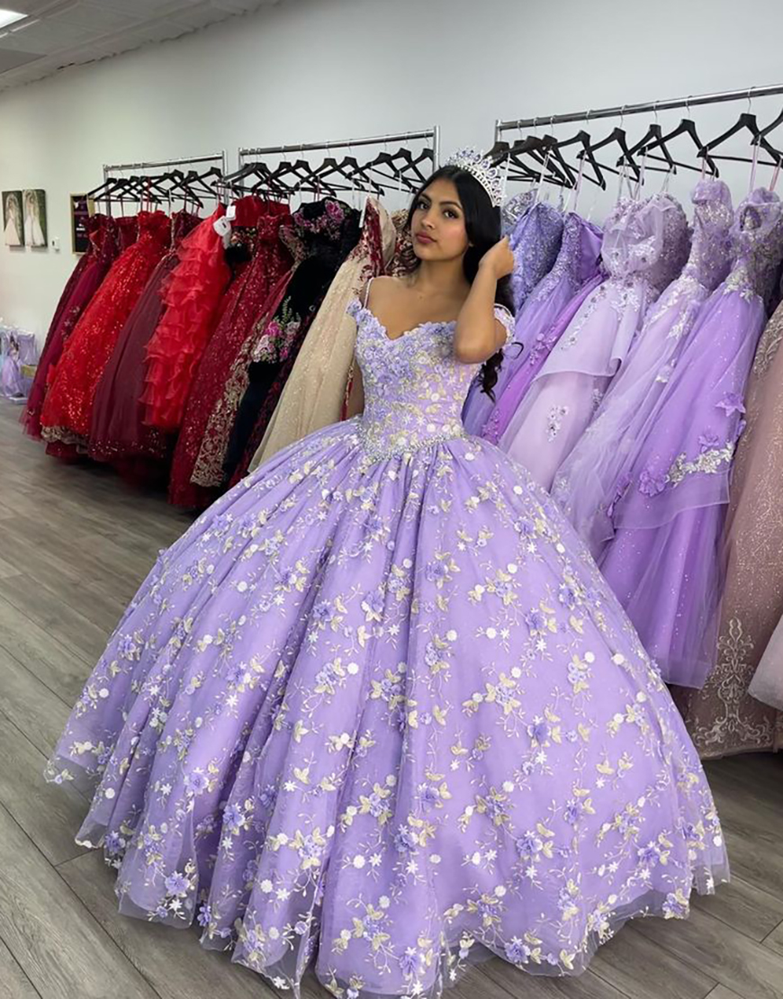 Sparkly Lilac Ball Gown Cold Shoulder Appliques Tulle Quinceanera Dress