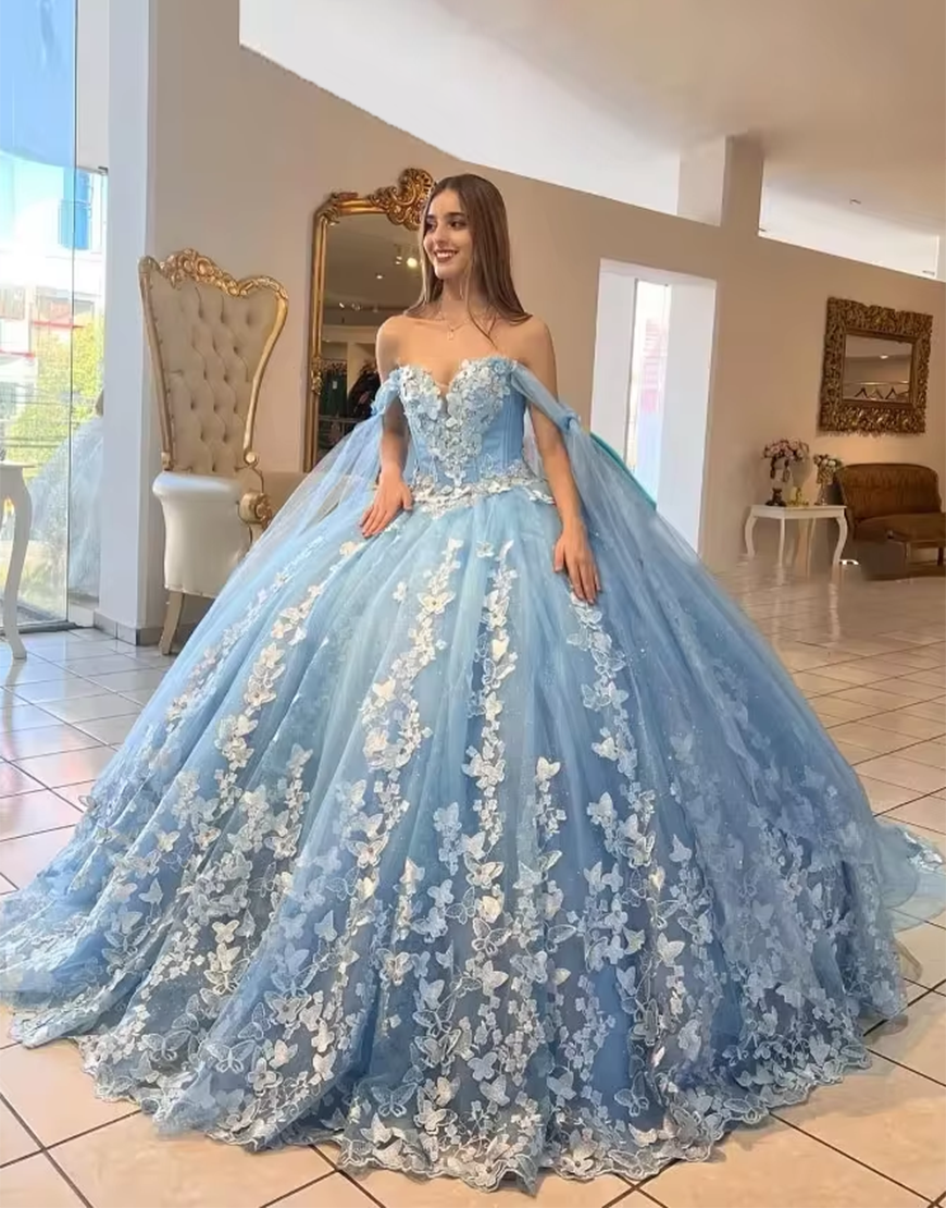 Sparkly Sky Blue Ball Gown Off the Shoulder Corset Appliques Tulle Quinceanera Dress