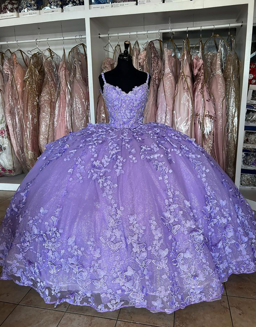 Sparkly Lavender Spaghetti Straps Corset Appliques Tulle Quinceanera Dress