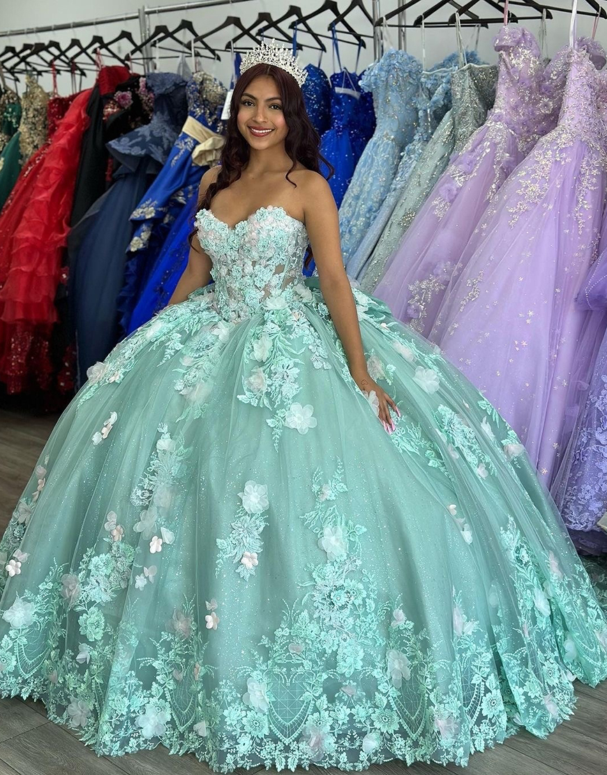 Sparkly Sage Strapless Appliques Corset Ruffles Tulle Quinceanera Dress