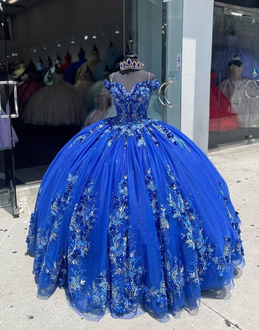 Sparkly Royal Blue Cold Shoulder Appliques Rhinestones Tulle Quinceanera Dress