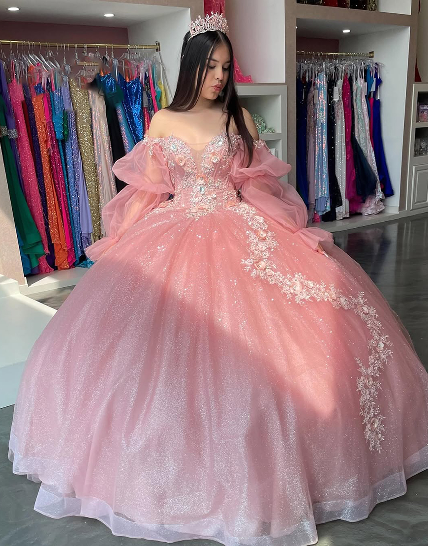 Sparkly Blush Pink Off the Shoulder Long Sleeves 3D Flowers Rhinestones Tulle Quinceanera Dress