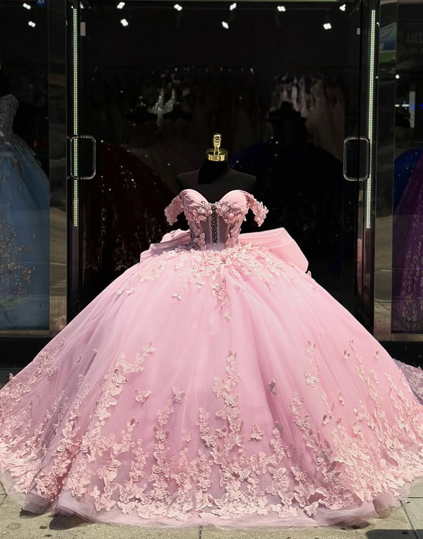 Sparkly Blush Pink Off the Shoulder Beaded Flowers Appliques Tulle Quinceanera Dress with Bow 