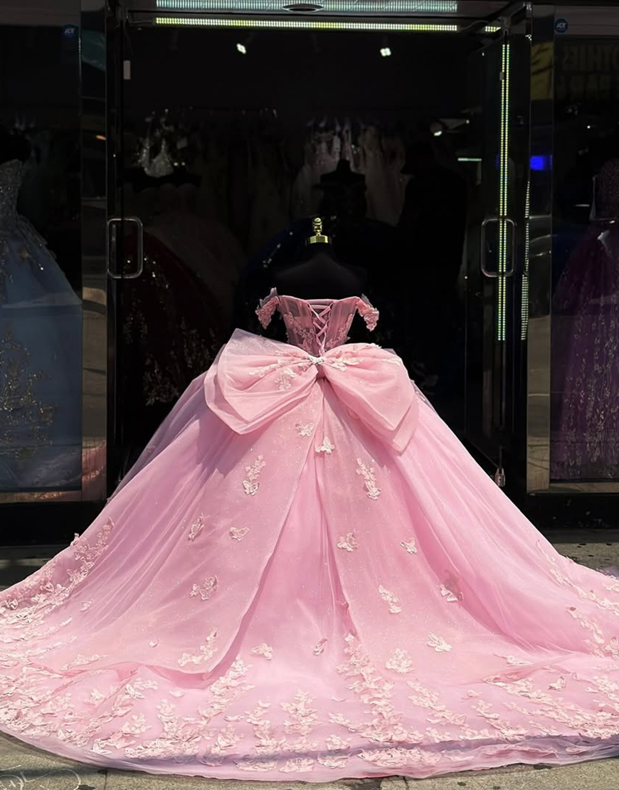 Sparkly Blush Pink Off the Shoulder Beaded Flowers Appliques Tulle Quinceanera Dress with Bow 