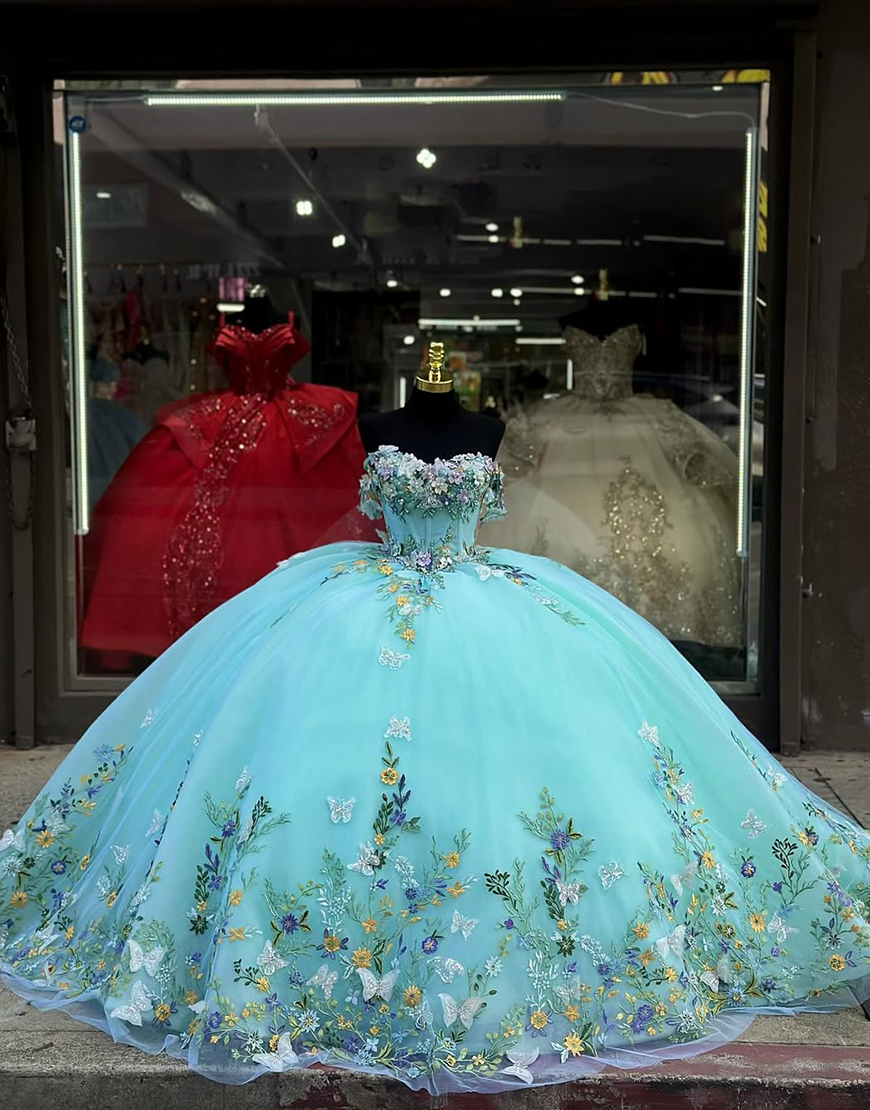 Sparkly Light Blue Off the Shoulder Corset Appliques Tulle Quinceanera Dress