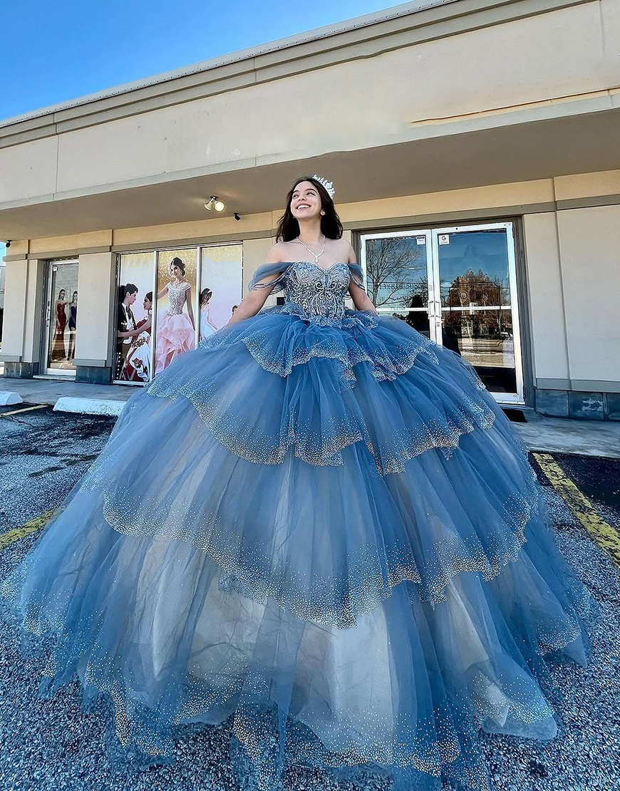 Sparkly Blue Off the Shoulder Beaded Ruffles Tulle Quinceanera Dress