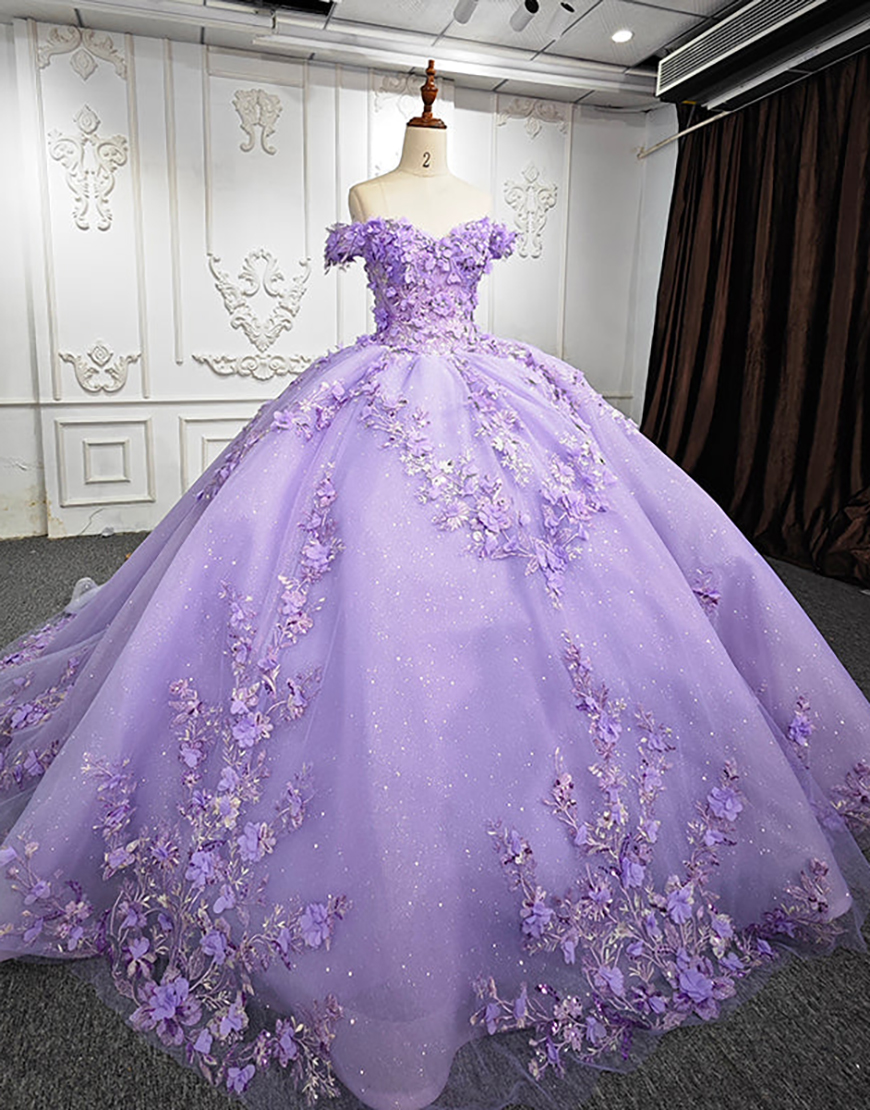 Sparkly Lavender Princess Off the Shoulder Flowers Ruffles Tulle Quinceanera Dress