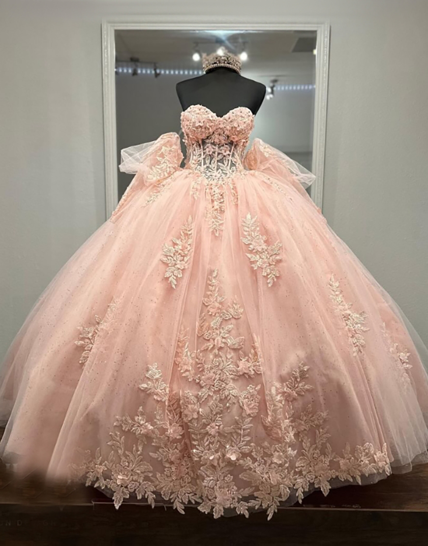 Sparkly Blush Pink Off the Shoulder Sequined Appliques Tulle Quinceanera Dress with Bow