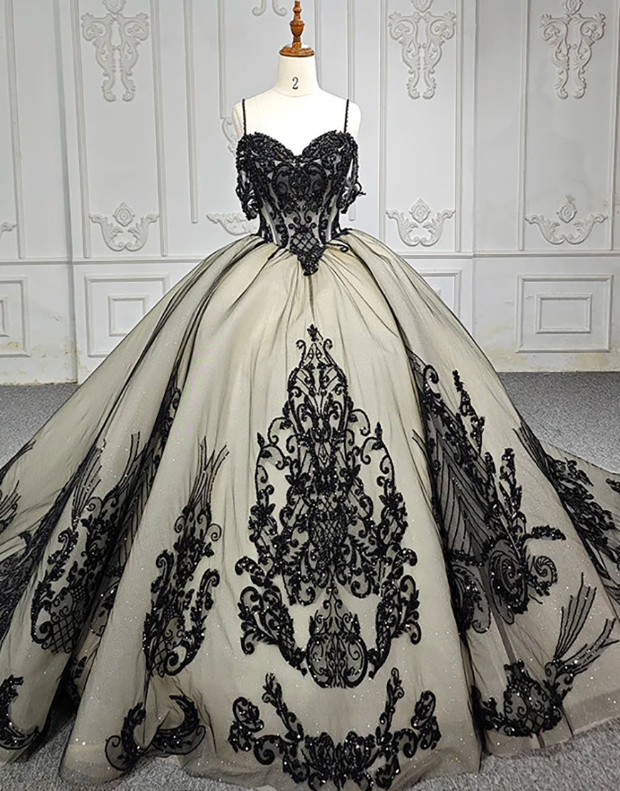 Sparkly Black Champagne Cold Shoulder Beaded Appliques Tulle Quinceanera Dress