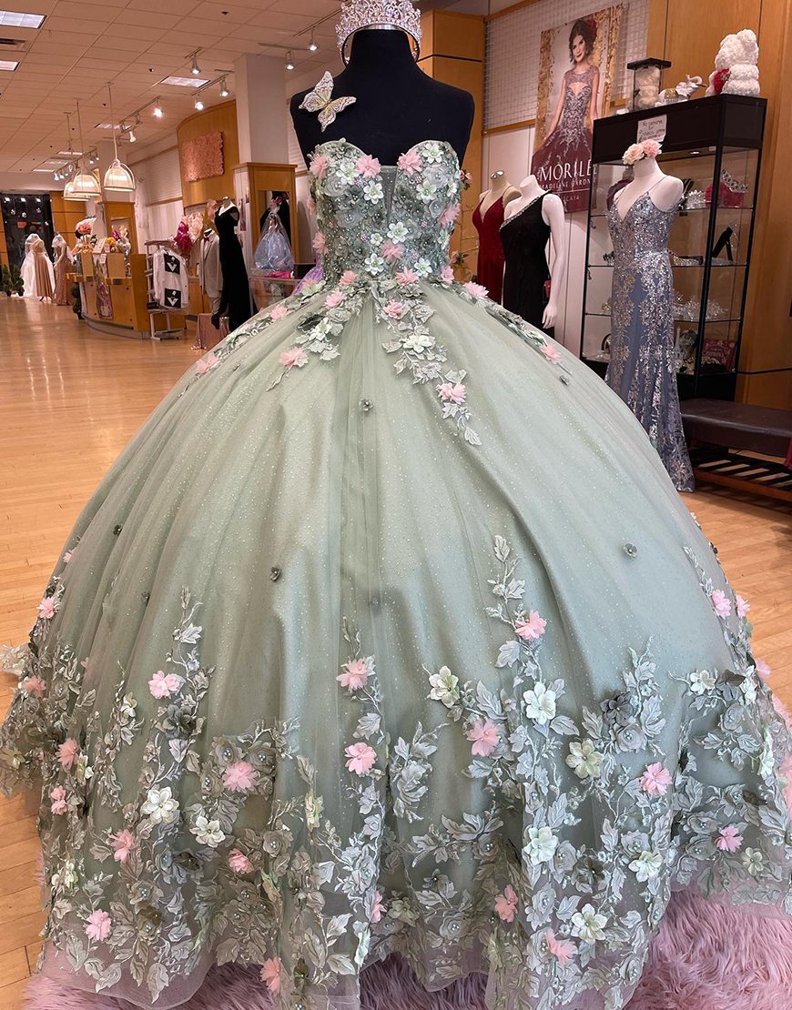 Sparkly Sage Flowers Strapless Beaded Flowers Tulle Quinceanera Dress