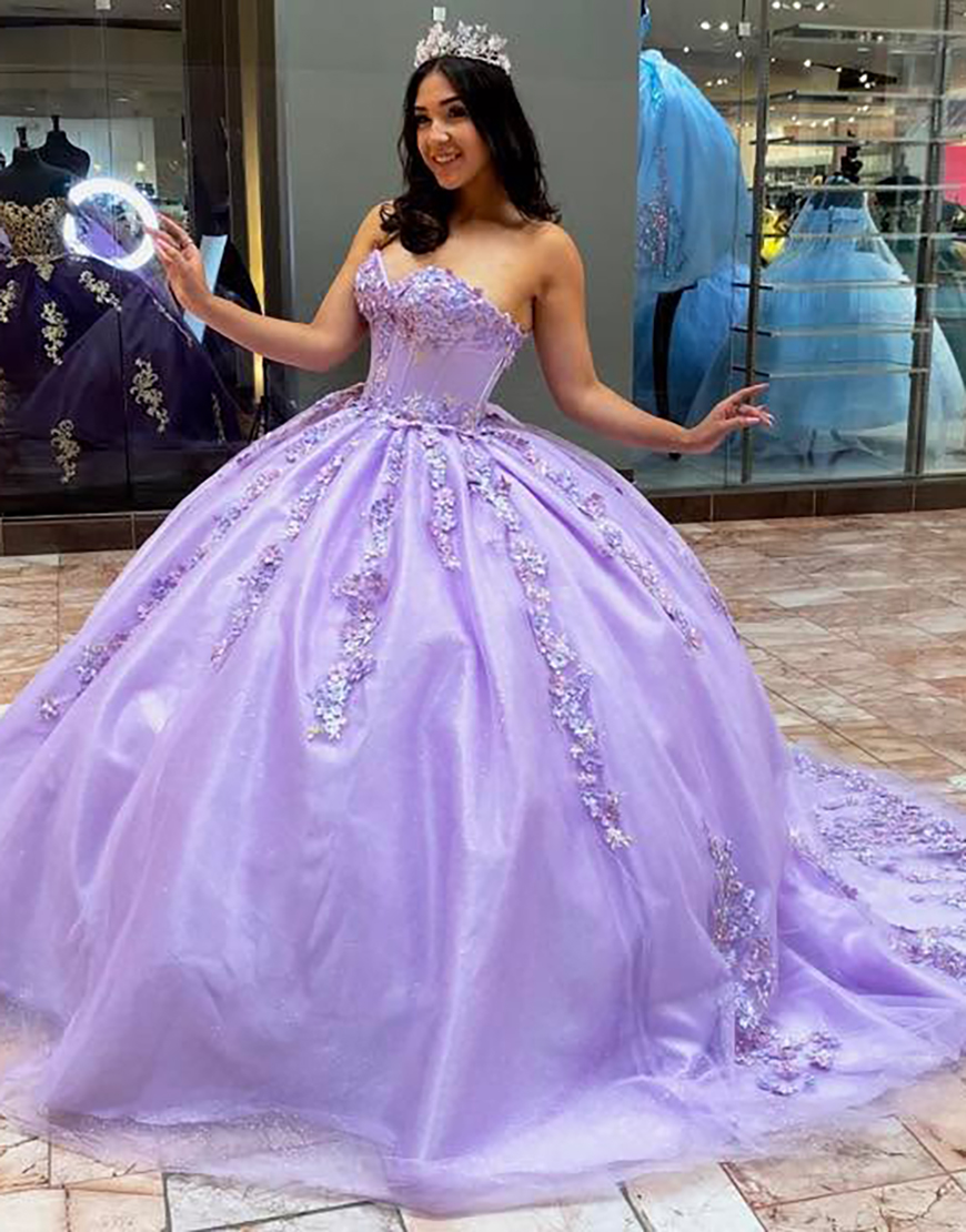 Sparkly Lilac Strapless Sequined Appliques Tulle Quinceanera Dress