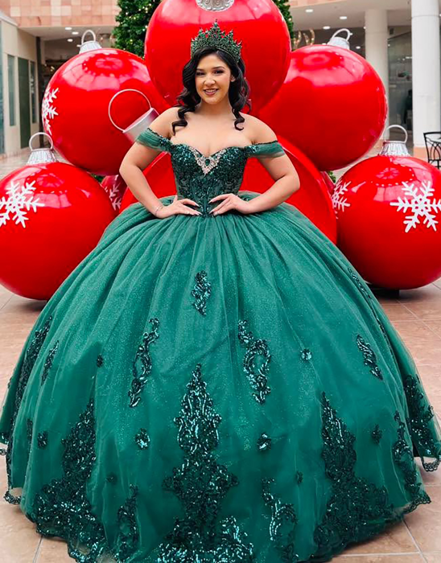 Sparkly Dark Green Off the Shoulder Sequined Appliques Tulle Quinceanera Dress