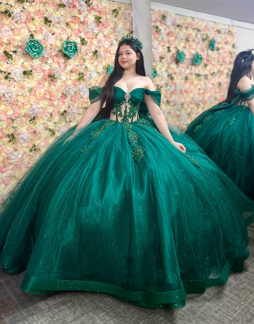 Pine Green Off The Shoulder Sequined Tulle Quinceanera Dress with Appliques