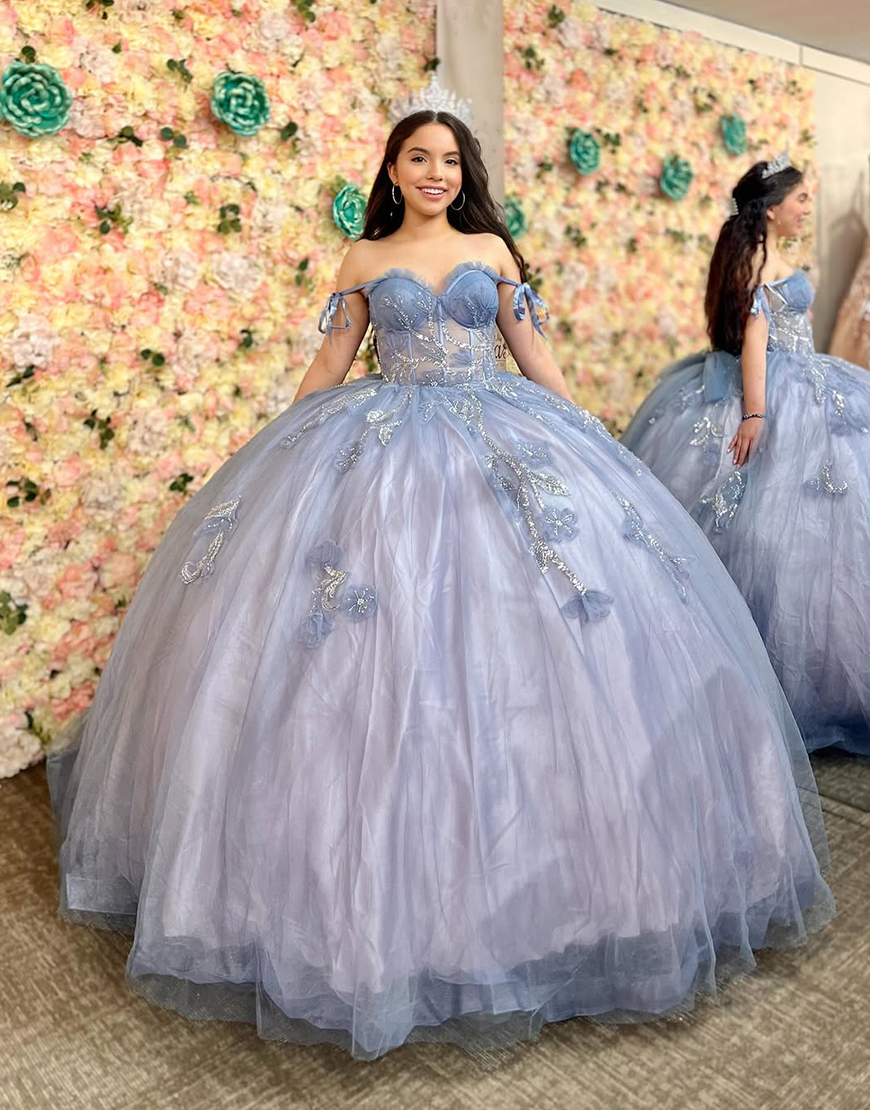 Sparkly Dusty Blue Princess Off the Shoulder Sequined Tulle Quinceanera Dress