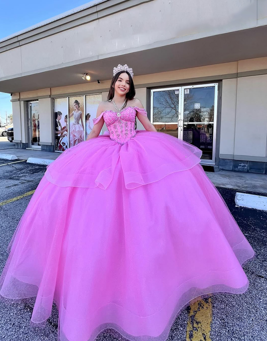 Sparkly Candy Pink Princess Off the Shoulder Sequined Tulle Quinceanera Dress
