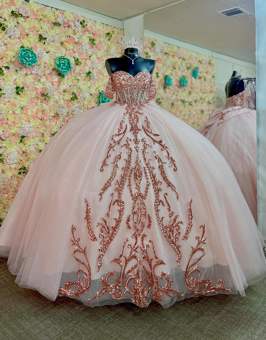 Sparkly Dusty Rose Off the Shoulder Corset Quinceanera Dress with Rhinestones Appliques