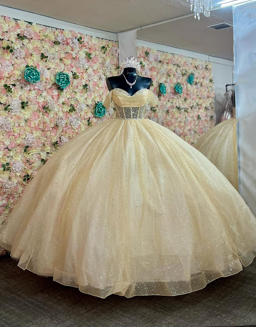 Sparkly Daffodil Off the Shoulder Sequined Tulle Corset Quinceanera Dress