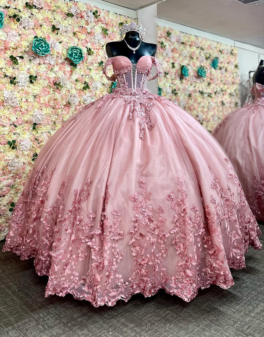 Sparkly Dusty Rose Off the Shoulder Corset Quinceanera Dress with Sequins Appliques
