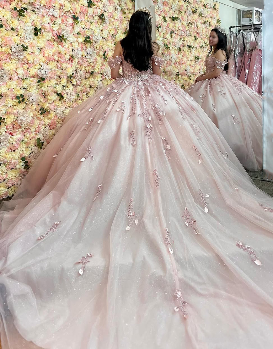 Sparkly Dusty Rose Off the Shoulder Rhinestones Appliques Quinceanera Dress