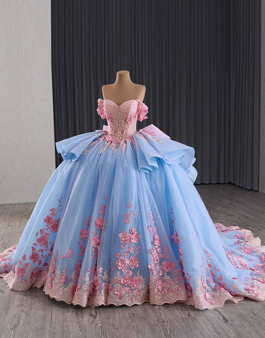 Princess Blue Off the Shoulder Princess Beaded Applique Quinceanera Dress with Pink Bow