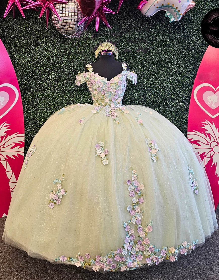 Princess Daffodil Cold Shoulder Princess Sequin Applique Quinceanera Dress