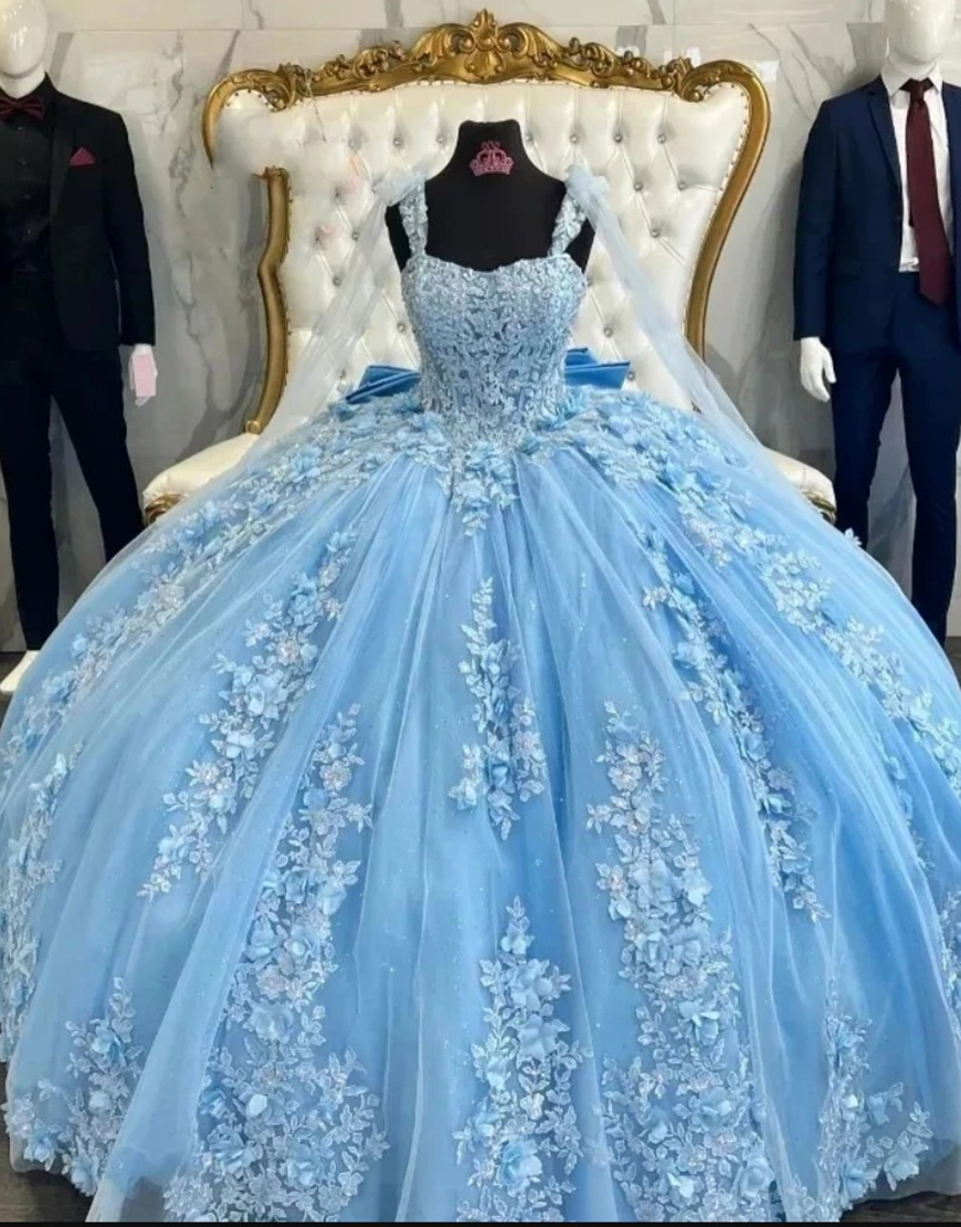 Sparkly Light Blue Corset Appliques Tulle Bow Quinceanera Dress with Streamer