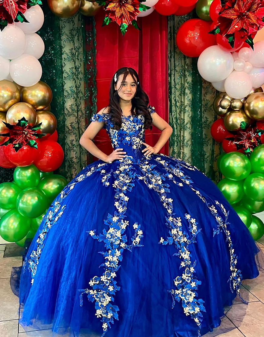 Sparkly Royal Blue Off the Shoulder Beaded Appliques Tulle Quinceanera Dress