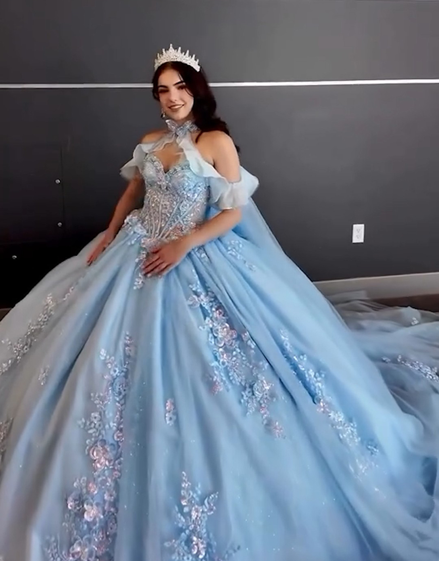 Sparky Sky Blue Cold Shoulder Ruffle Beaded Appliques Tulle Quinceanera Dress with Bow