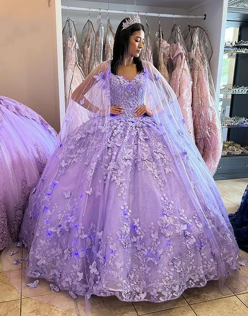 Sparkly Lilac Butterfly Appliques Corset Tulle Quinceanera Dress with Cape