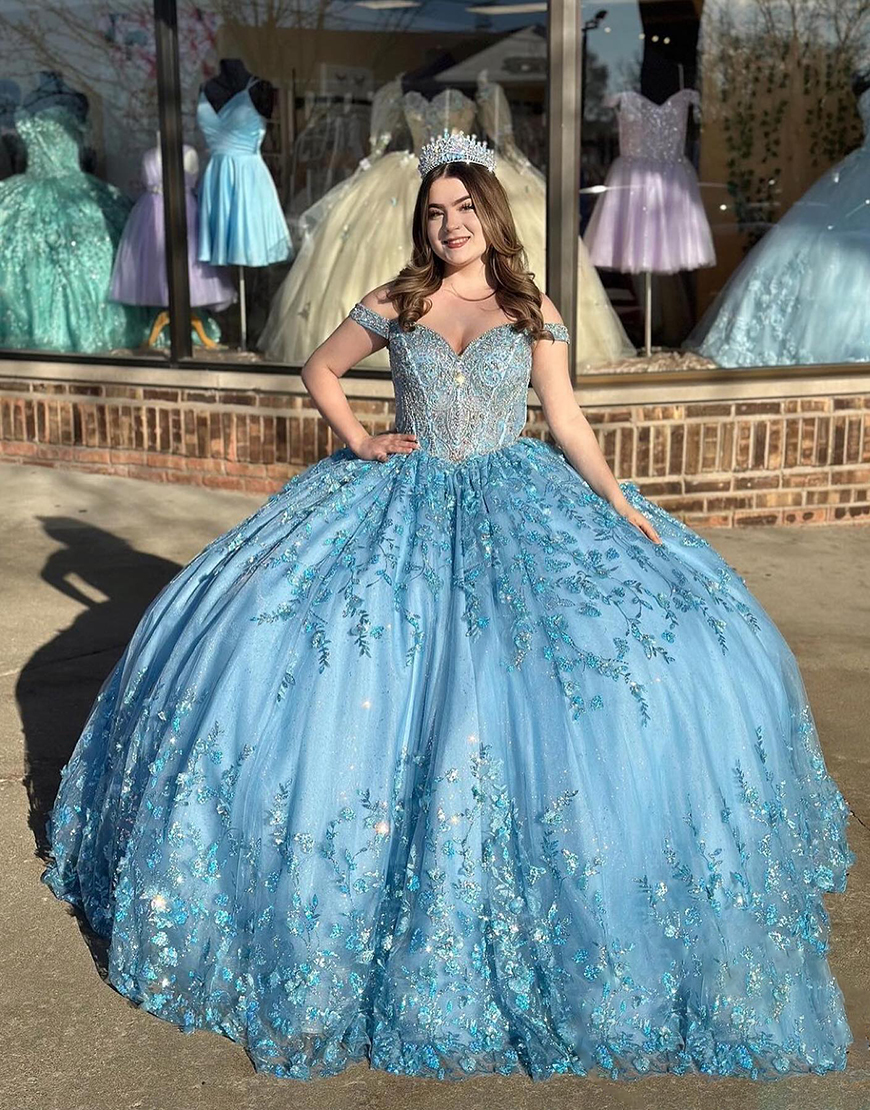 Sparkly Blue Off the Shoulder Sequined Appliques Tulle Quinceanera Dress