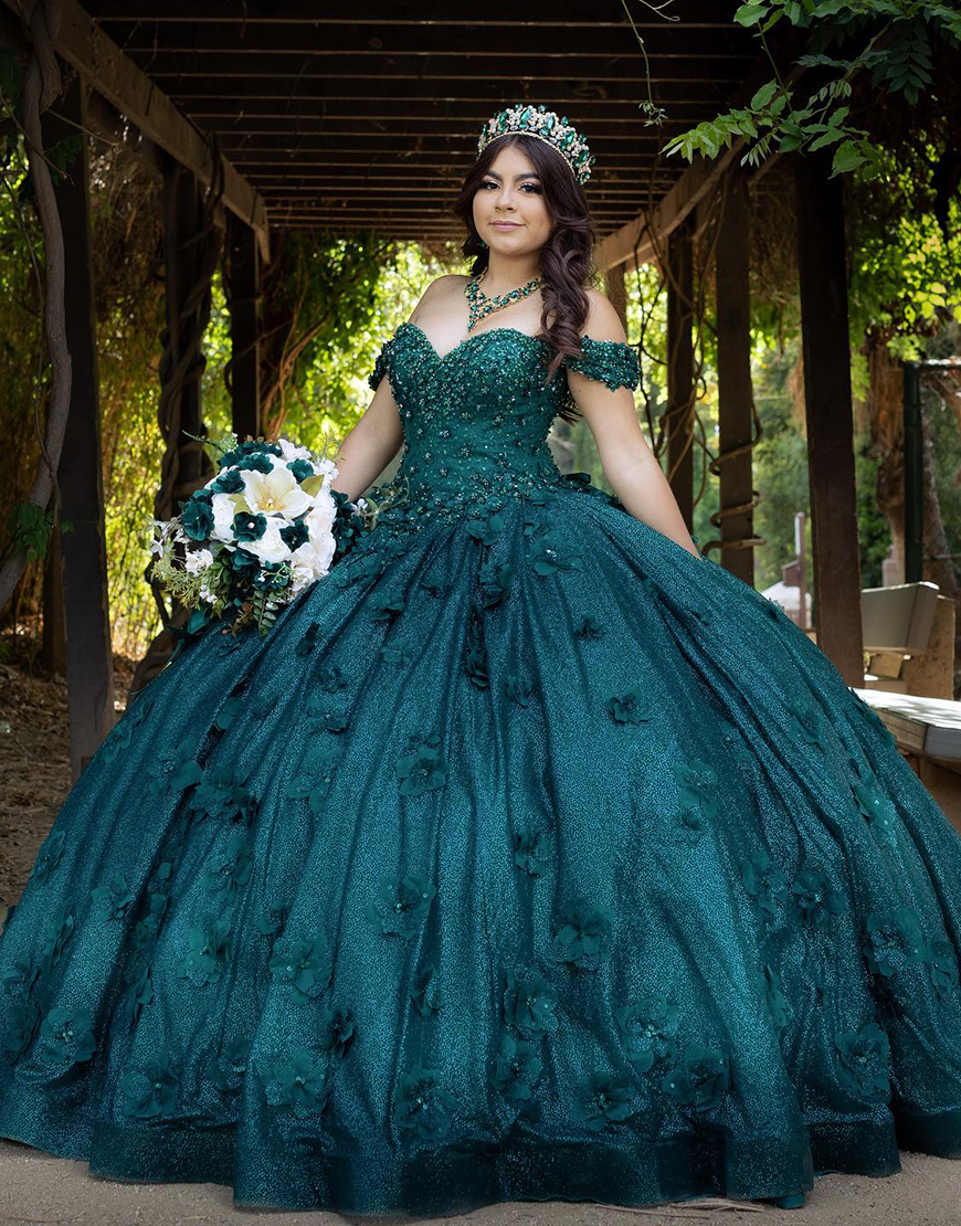 Sparkly Dark Green Off the Shoulder Flowers Tulle Quinceanera Dress