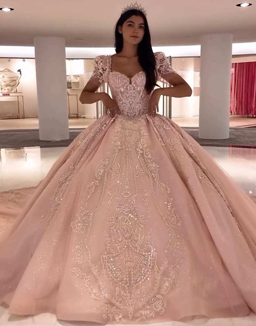 Sparkly Pink Ball Gown Sequined Appliques Short Sleeves Tulle Quinceanera Dress