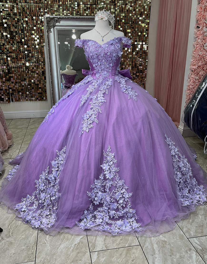 Sparkly Purple Off the Shoulder Sequined Appliques Tulle Quinceanera Dress with Bow