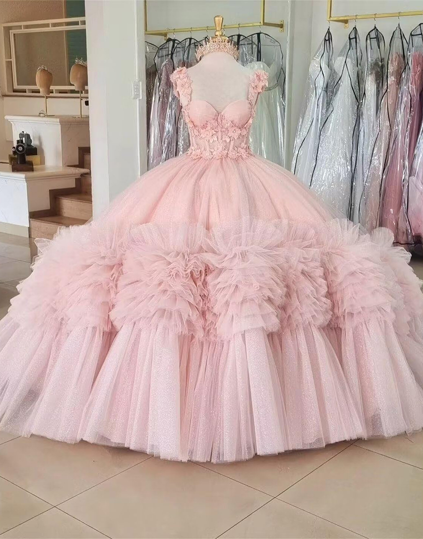 Sparkly Pink Ball Gown Beaded Flowers Ruffles Tulle Quinceanera Dress
