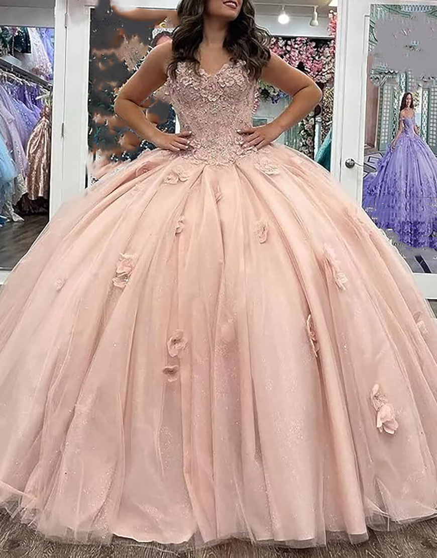 Sparkly Pink Sweetheart Sequined Appliques Tulle Quinceanera Dress